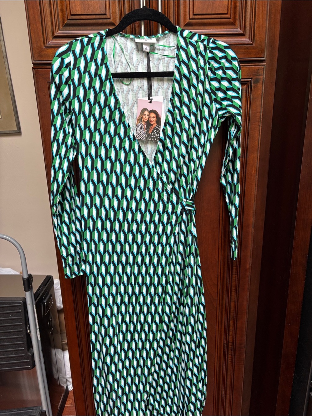 Diane Von Furstenberg Green and Black Geometric Wrap Dress